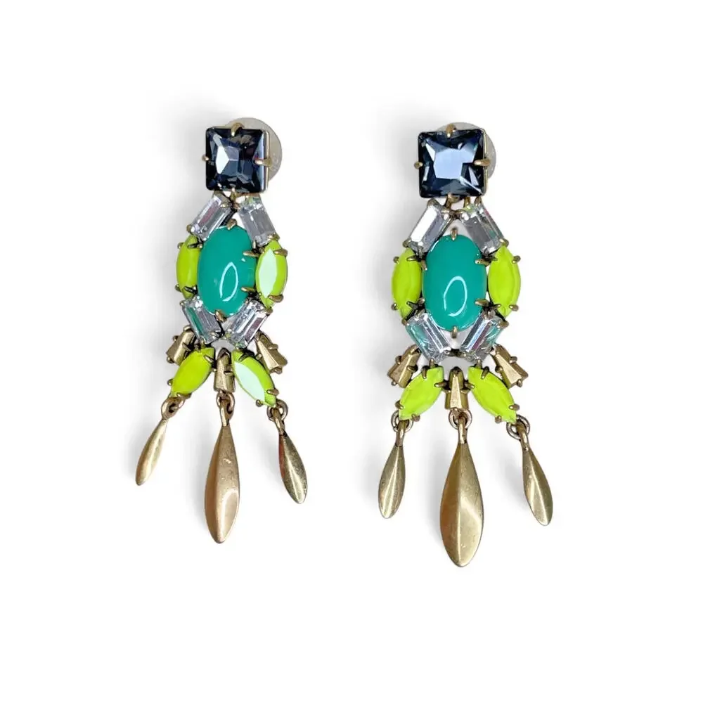 Stella & Dot‎ Jardin Chandeliers Statement Earrings Green Neon Yellow Rhinestone